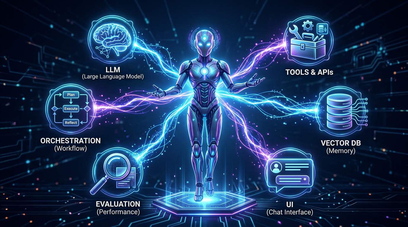 AI agent architecture overview with LLM, tools, memory and orchestration