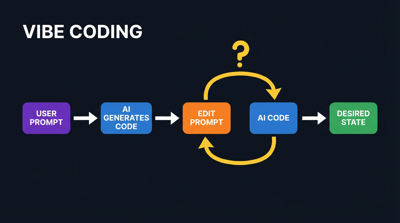 Vibe coding flow: User prompt to AI generated code to edit prompt loop to desired state